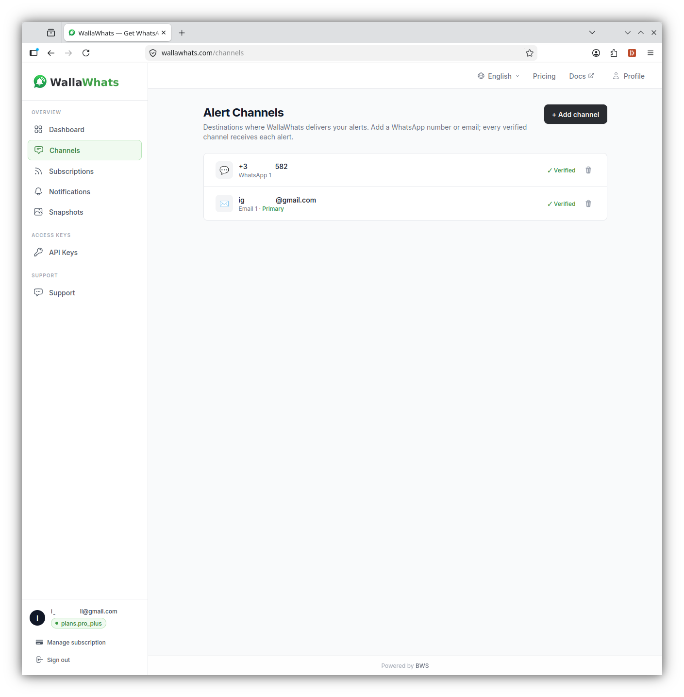 Channels page with a verified WhatsApp number and a verified email