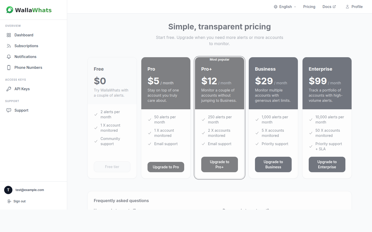 Pricing page with all five tiers