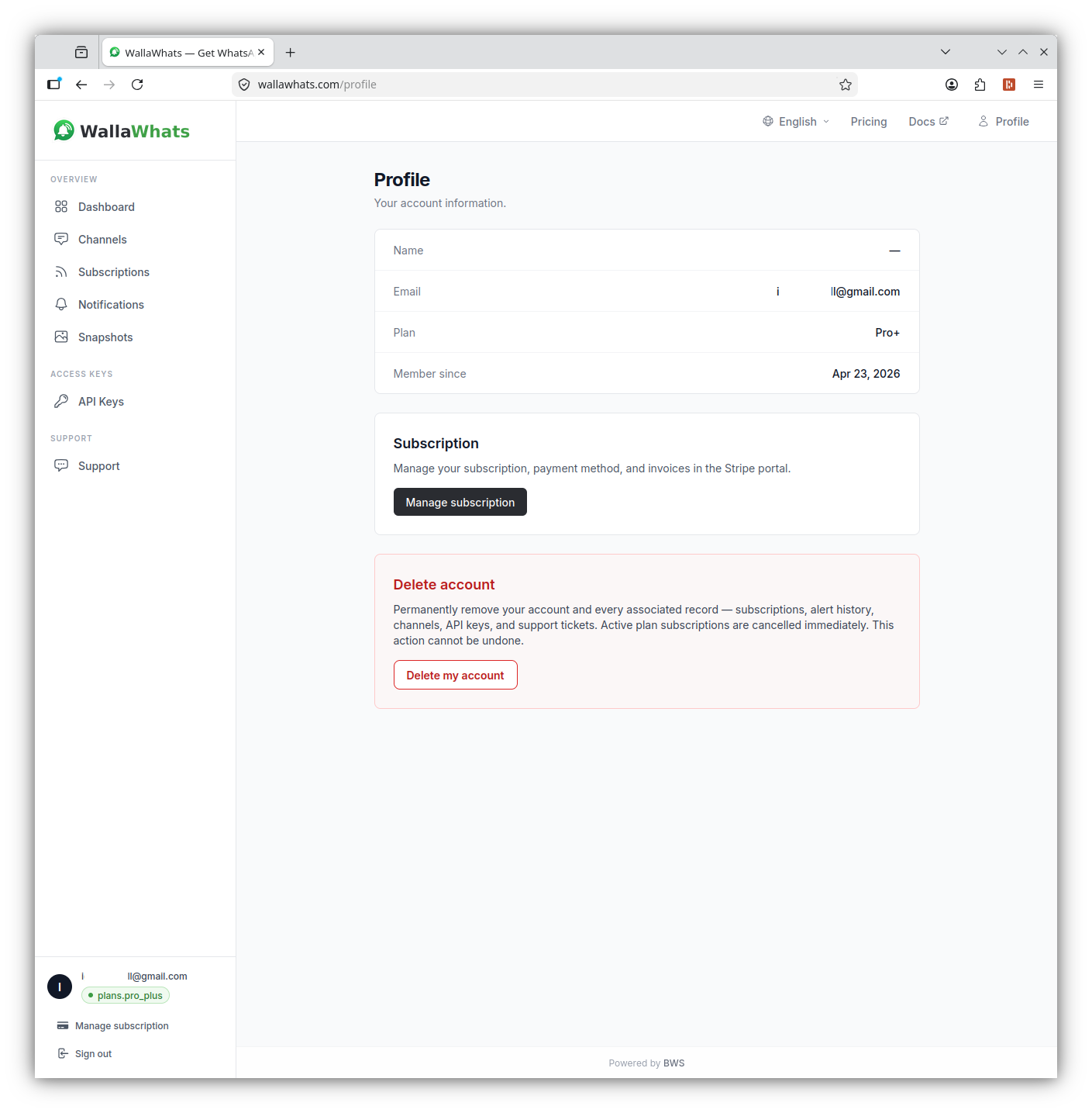 Profile page with the Manage subscription button and the Delete account zone