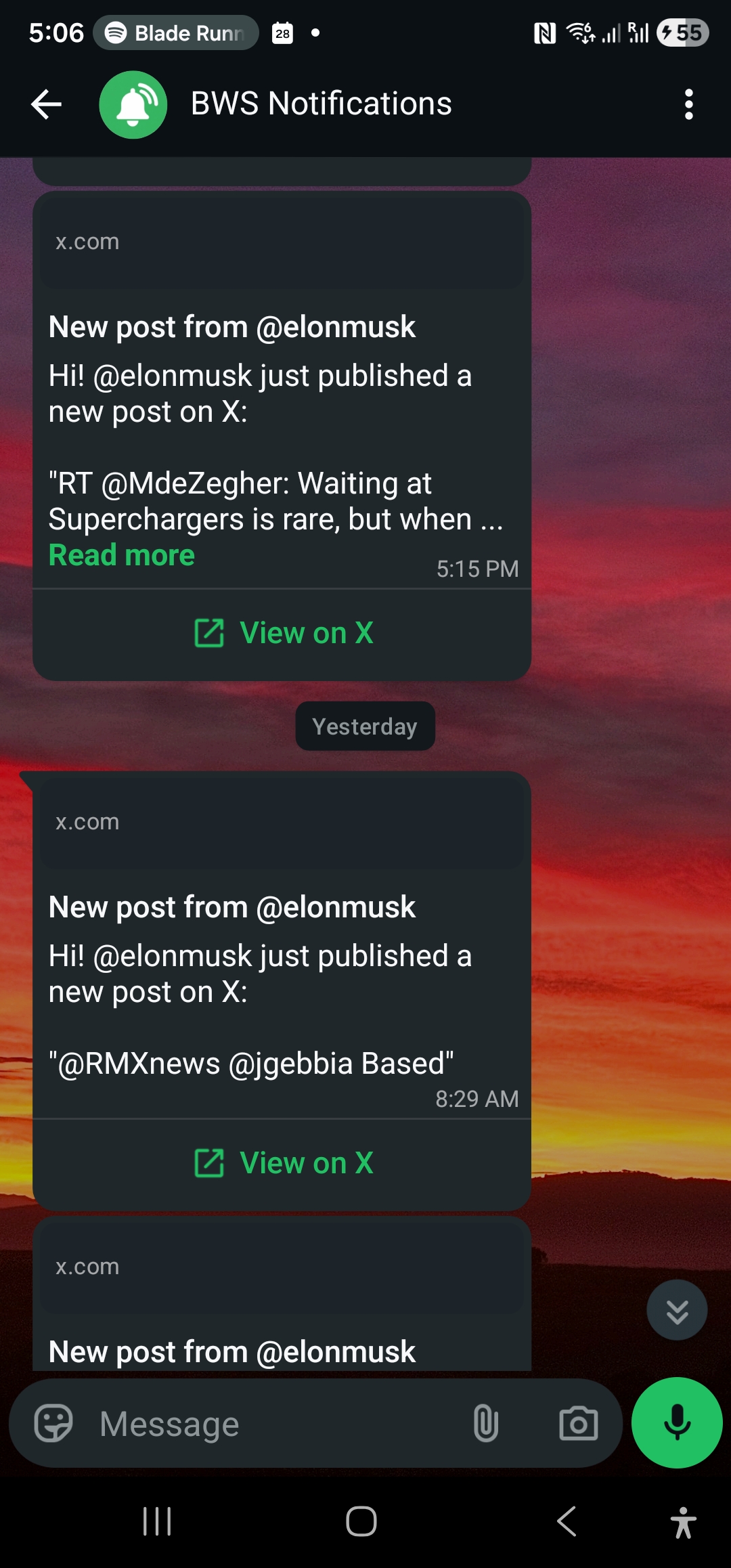 WhatsApp inbox showing a sequence of WallaWhats alerts from a monitored X account
